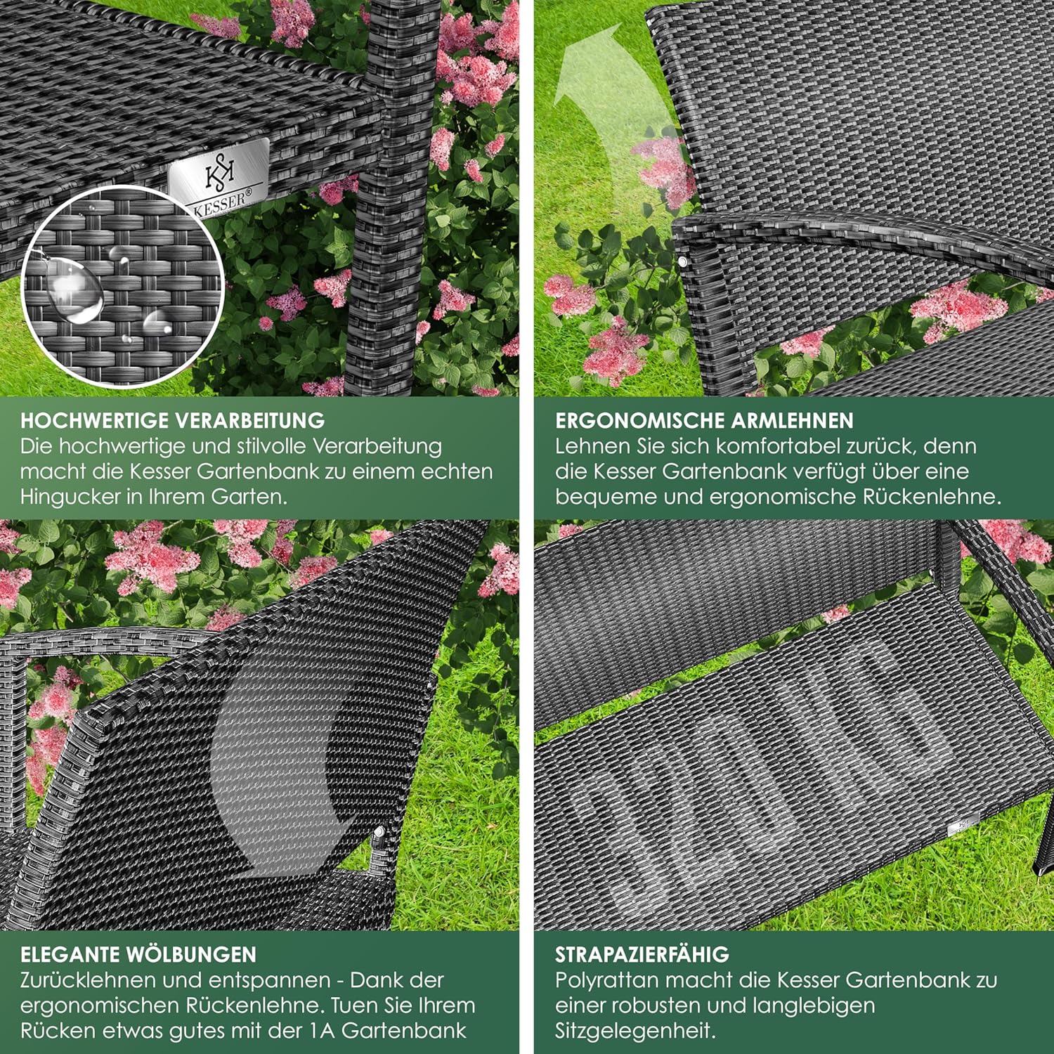 KESSER Gartenbank Polyrattan 2-Sitzer, wetterfest, UV‑beständig, 320 kg Tragkraft