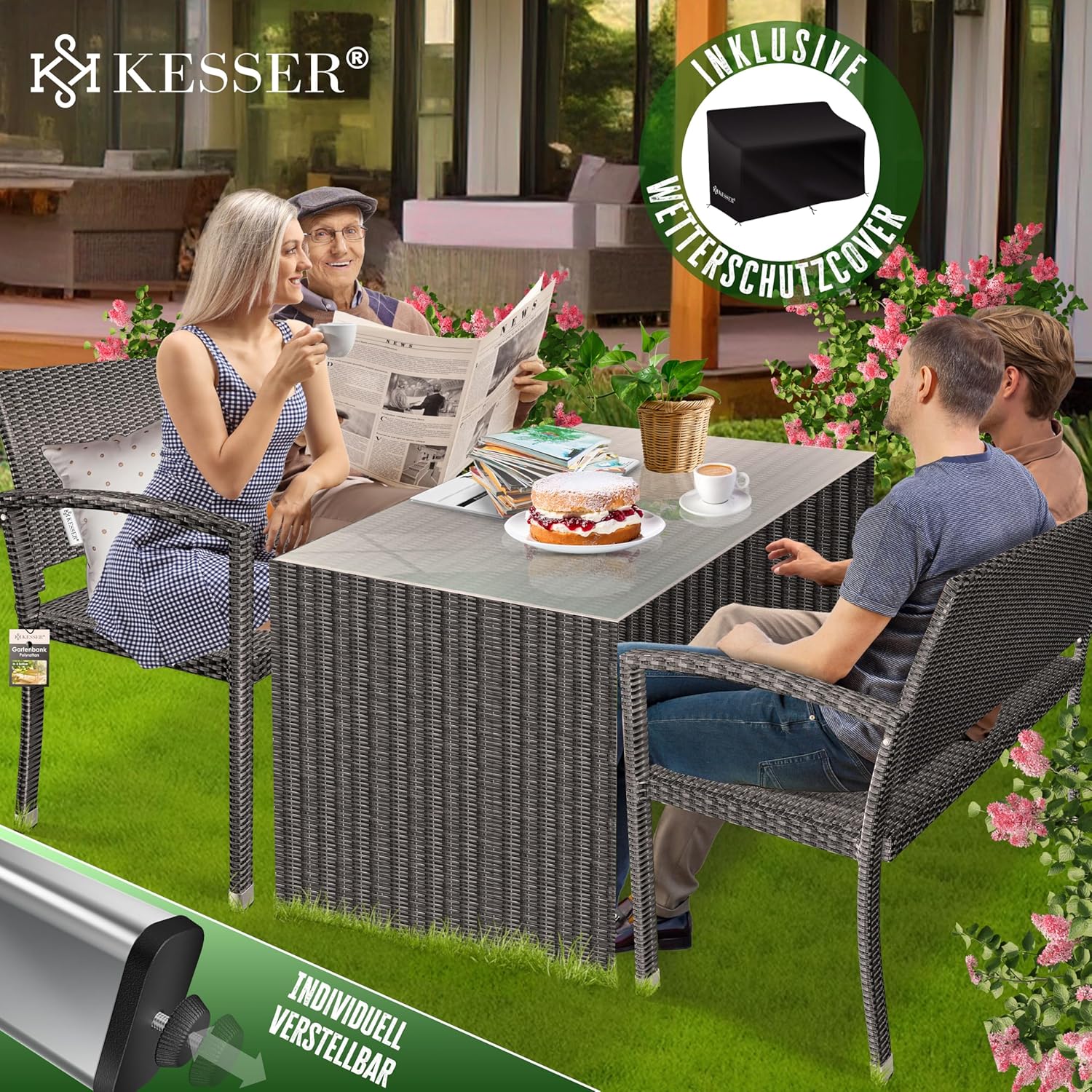 KESSER Gartenbank Polyrattan 2-Sitzer, wetterfest, UV‑beständig, 320 kg Tragkraft