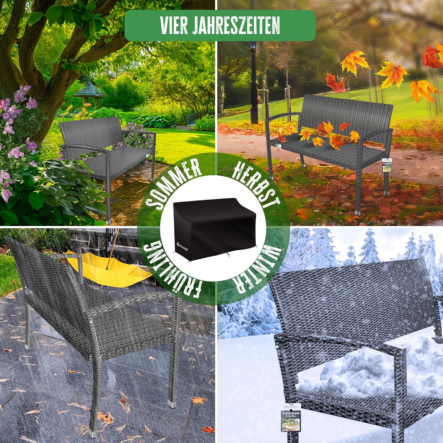 KESSER Gartenbank Polyrattan 2-Sitzer, wetterfest, UV‑beständig, 320 kg Tragkraft
