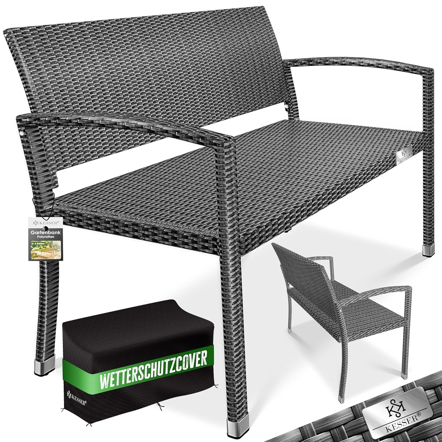 KESSER Gartenbank Polyrattan 2-Sitzer, wetterfest, UV‑beständig, 320 kg Tragkraft