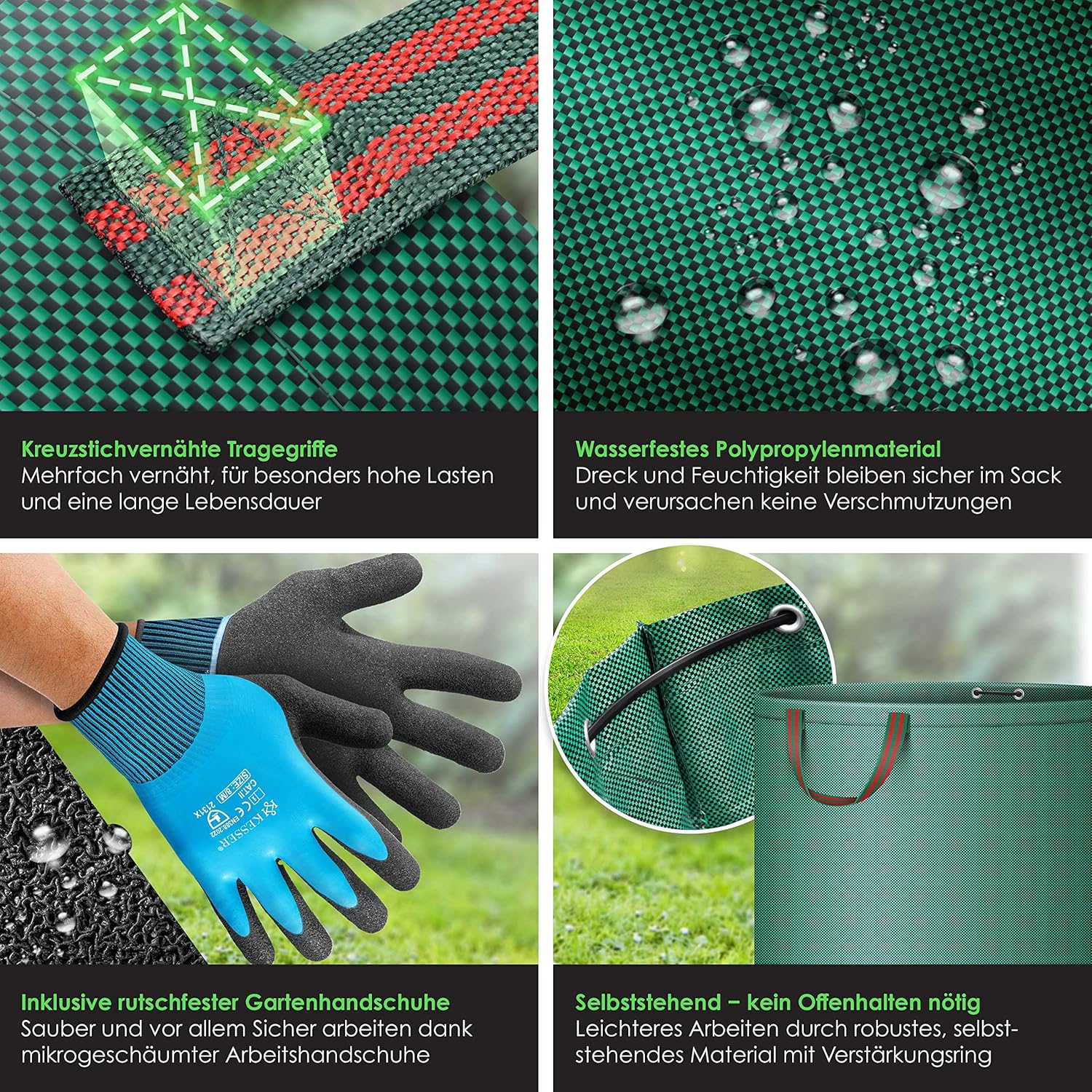 KESSER® Gartenbeutel Set 3x272 L – Selbstständig, 4 Griffe, faltbar