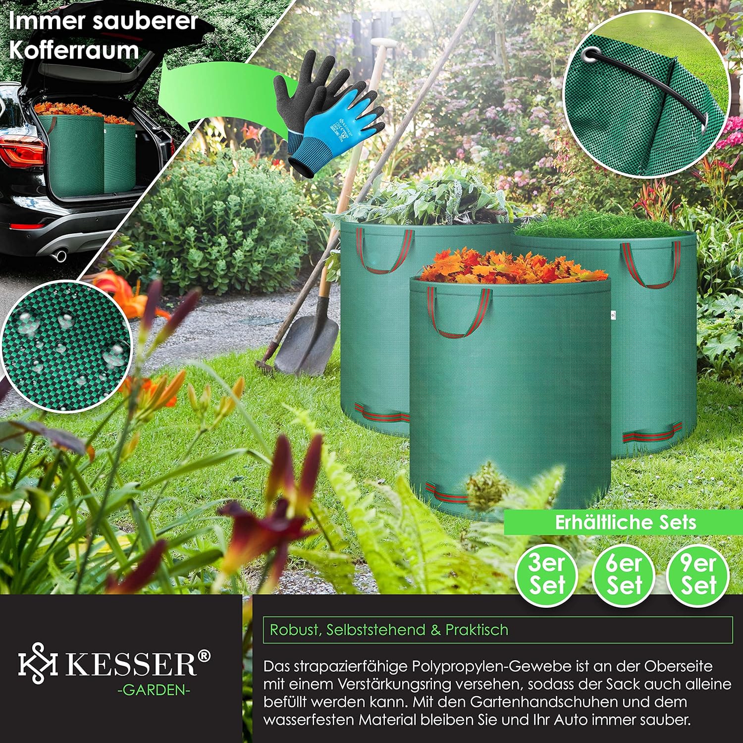 KESSER® Gartenbeutel Set 3x272 L – Selbstständig, 4 Griffe, faltbar