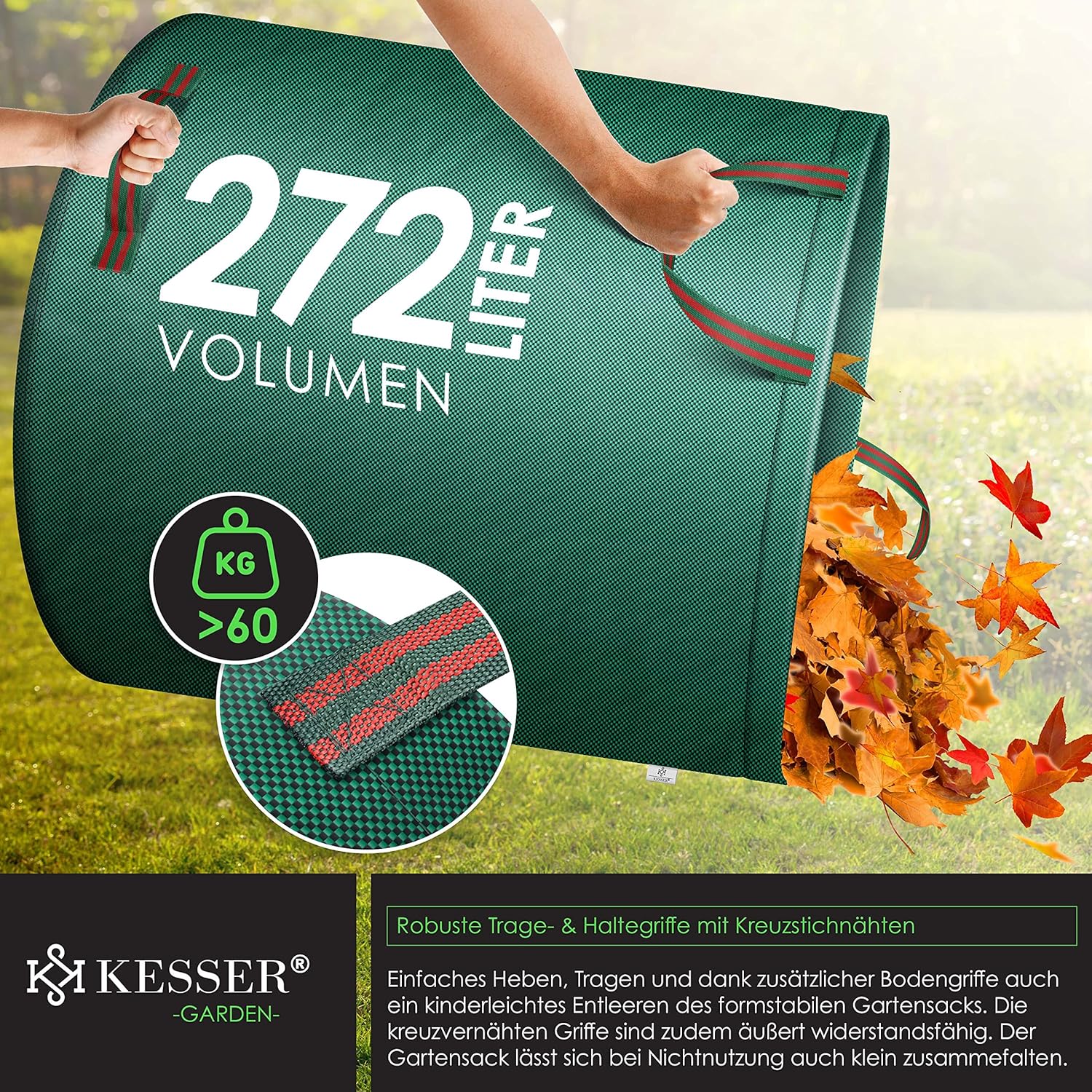 KESSER® Gartenbeutel Set 3x272 L – Selbstständig, 4 Griffe, faltbar
