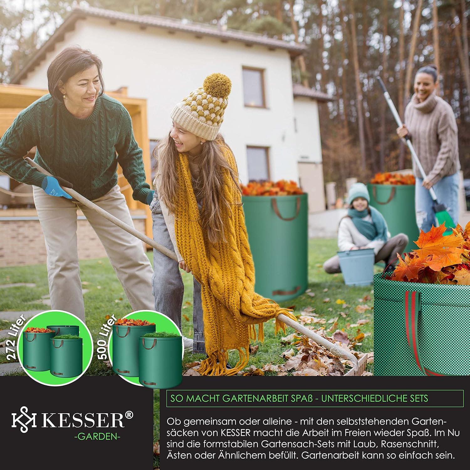 KESSER® Gartenbeutel Set 3x272 L – Selbstständig, 4 Griffe, faltbar