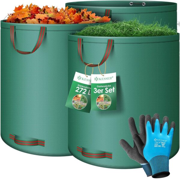 KESSER® Gartenbeutel Set 3x272 L – Selbstständig, 4 Griffe, faltbar