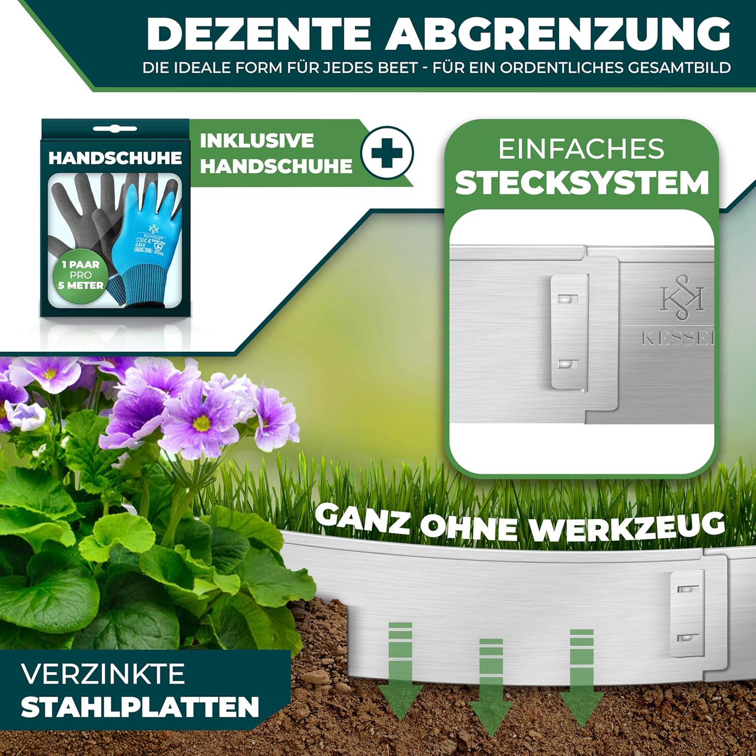 KESSER® Gartenrandschutz Metall‑Palisade 5‑50 m, 100 × 14/18 cm, Mähkante
