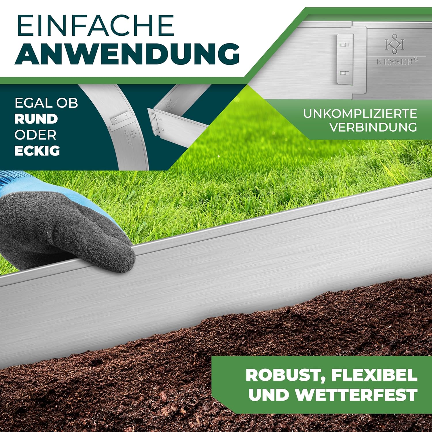 KESSER® Gartenrandschutz Metall‑Palisade 5‑50 m, 100 × 14/18 cm, Mähkante