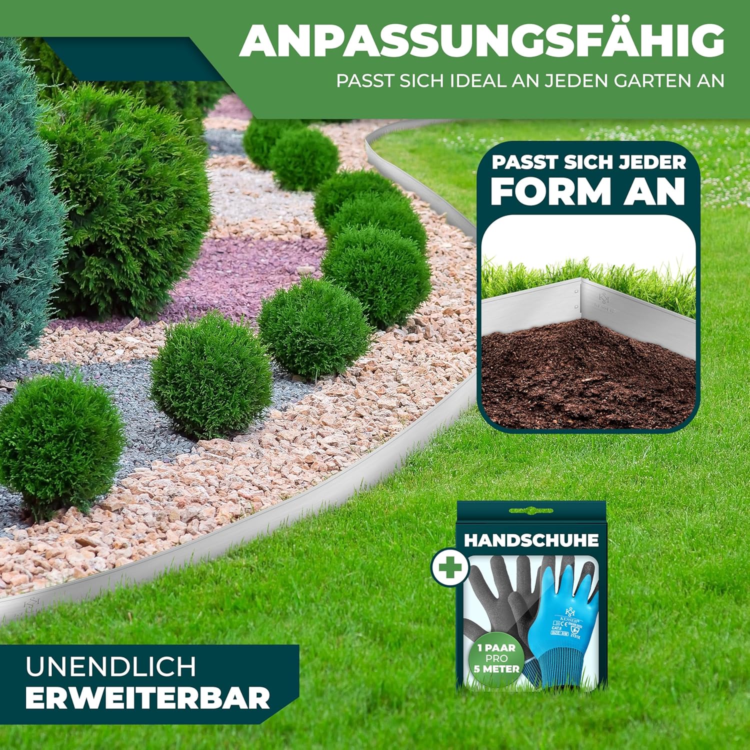 KESSER® Gartenrandschutz Metall‑Palisade 5‑50 m, 100 × 14/18 cm, Mähkante