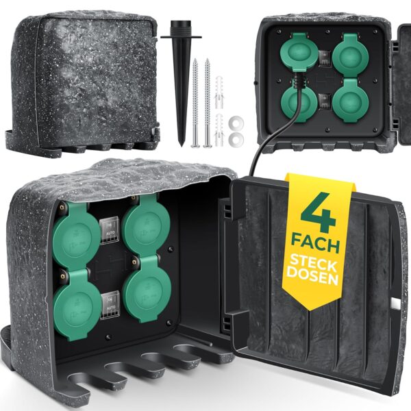 KESSER® Gartensteckdose Steinoptik 4 Anschlüsse IP44 3 m Kabel und Dämmerungssensor