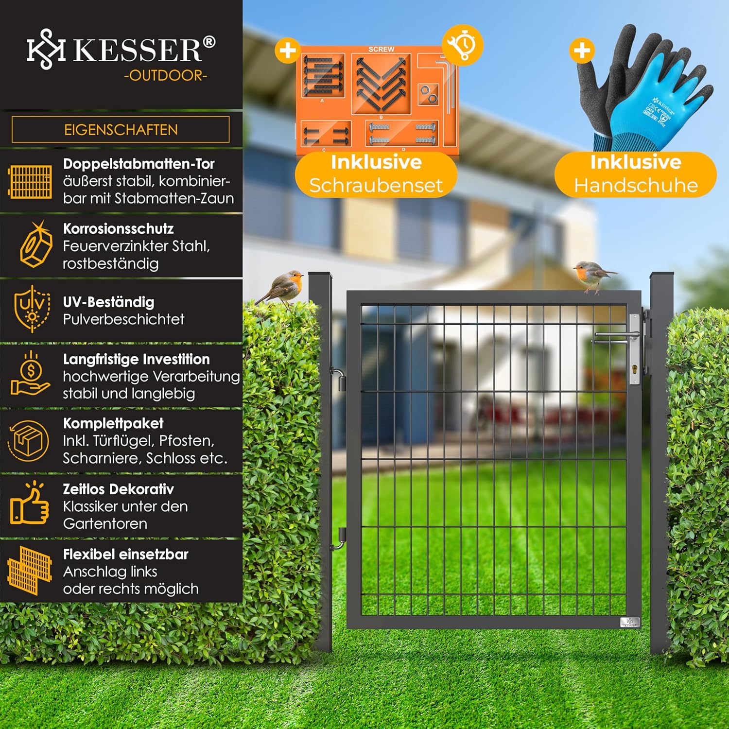 KESSER® Gartentor Premium aus verzinktem Stahl 100 × 106 cm – inkl. Pfosten, Schlossgriff & Schlüssel