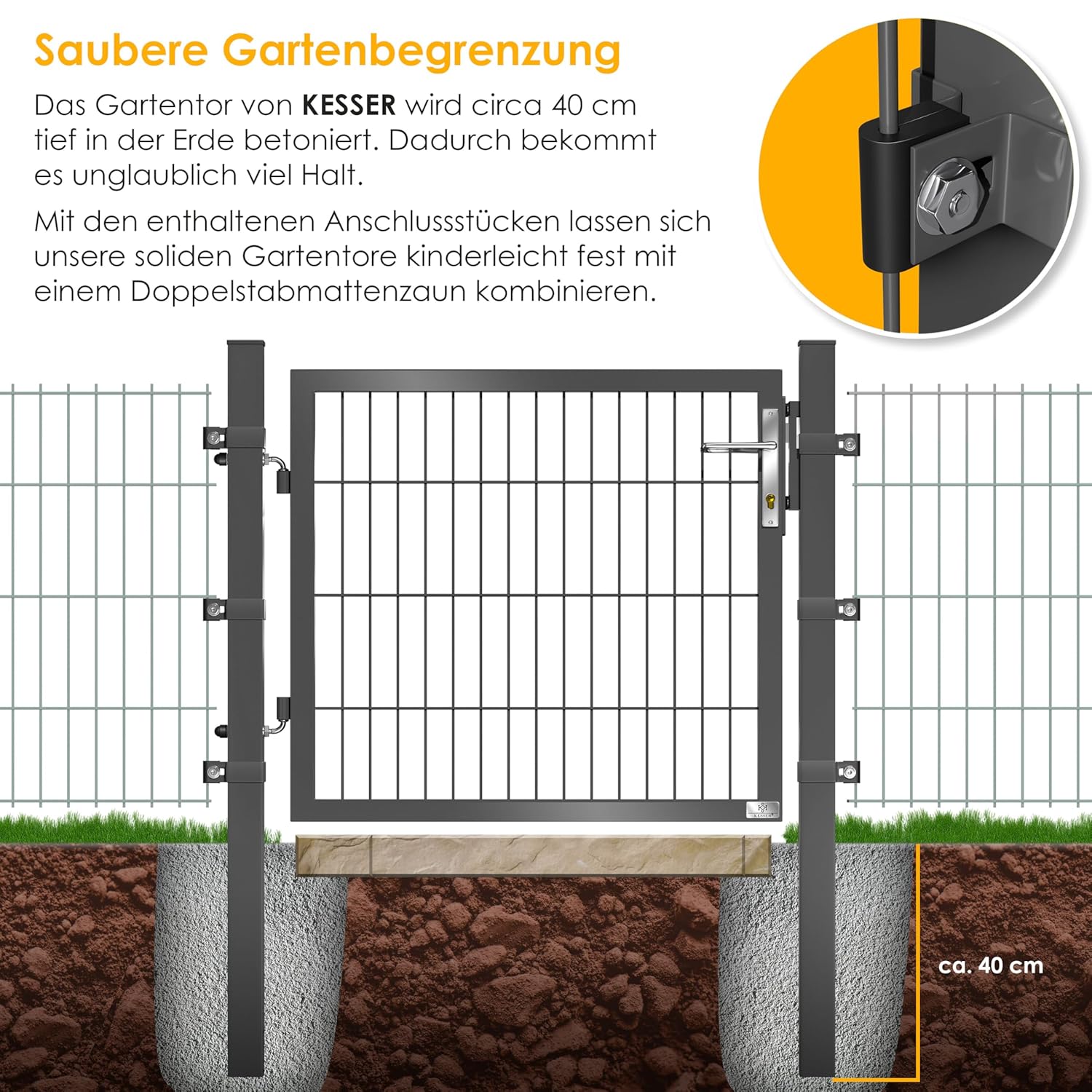 KESSER® Gartentor Premium aus verzinktem Stahl 100 × 106 cm – inkl. Pfosten, Schlossgriff & Schlüssel