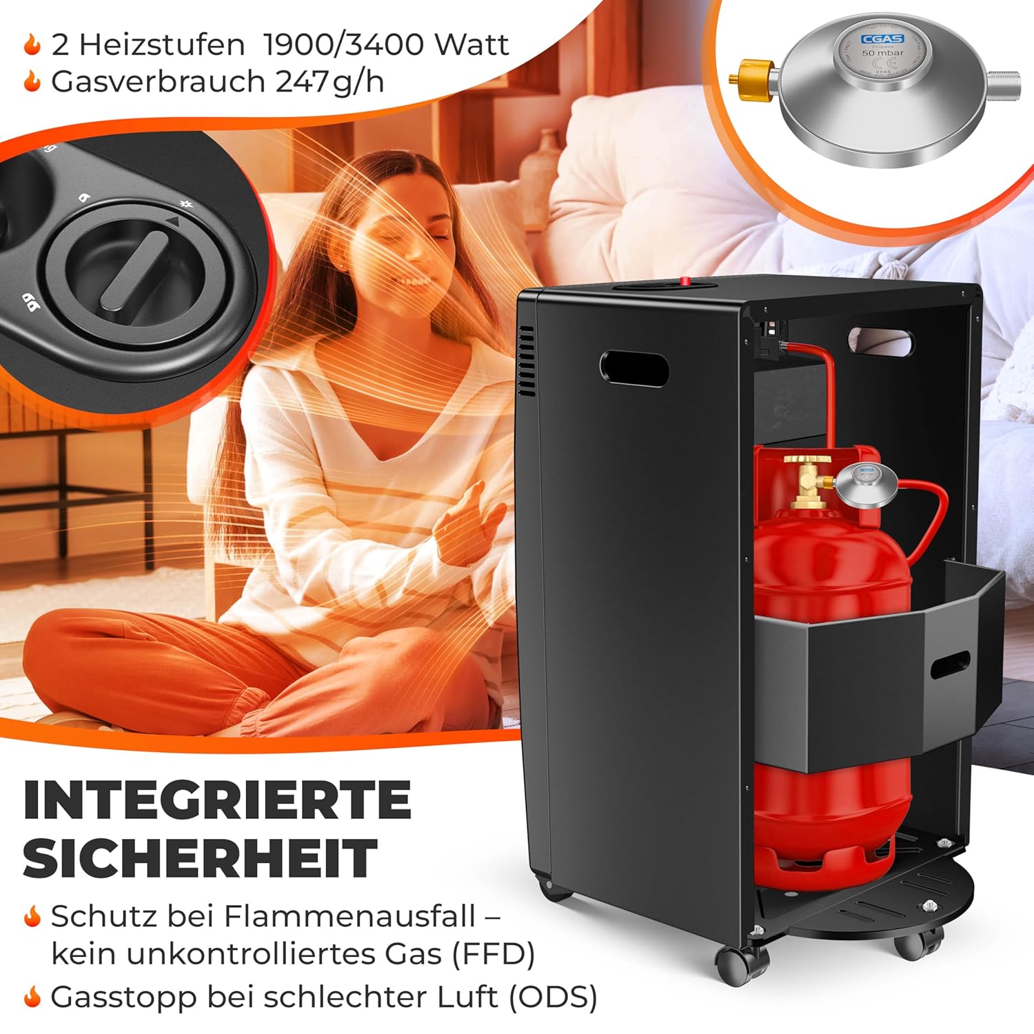 KESSER® Gasheizer 3,4 kW, Infrarot, 2 Heizstufen, inkl. Gasregler & Schlauch, für Propan/Butan bis 11 kg