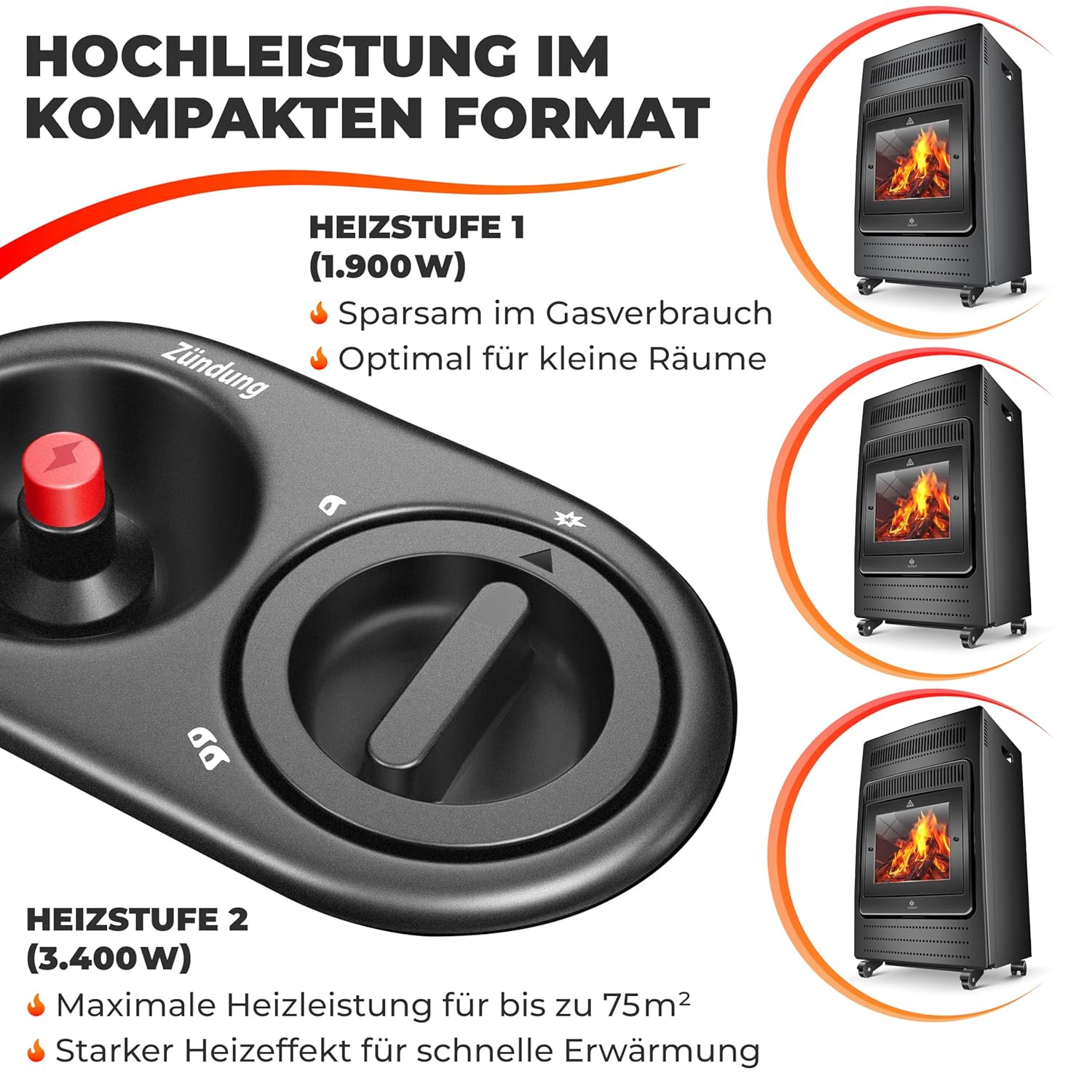 KESSER® Gasheizer 3,4 kW, Infrarot, 2 Heizstufen, inkl. Gasregler & Schlauch, für Propan/Butan bis 11 kg