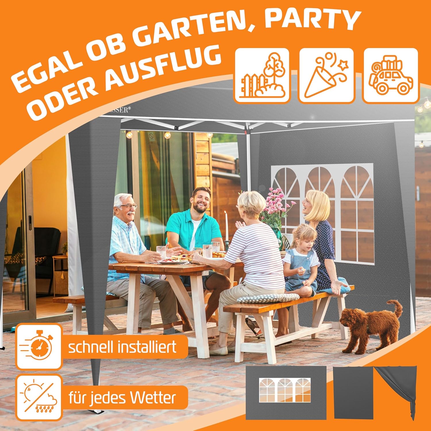 KESSER® Gazebo-Seitenwände 3x3 m, 2 x, faltbar, transparent, wetterfest