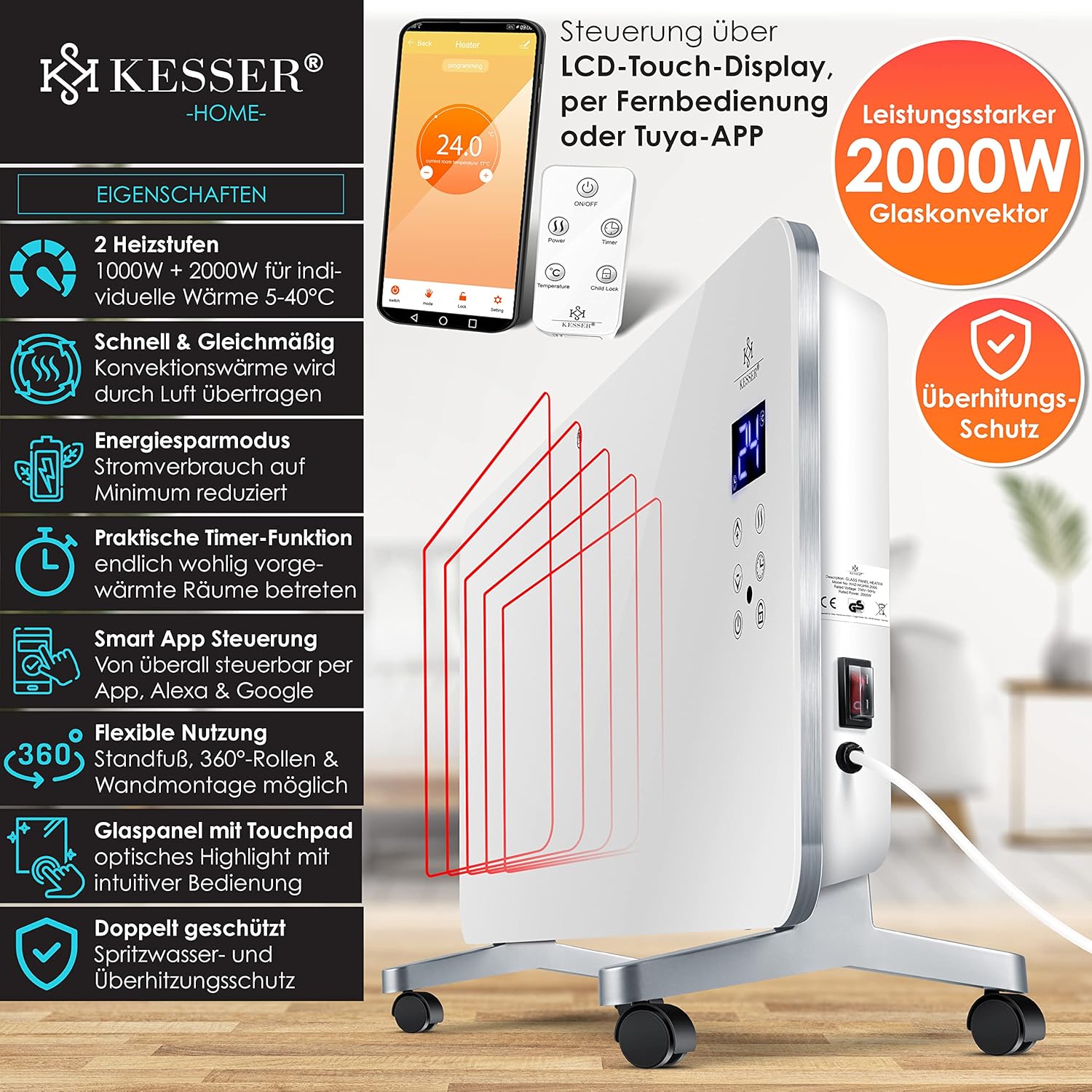 KESSER® Glasheizkörper Touchscreen, WLAN‑App, Fernbedienung & Timer