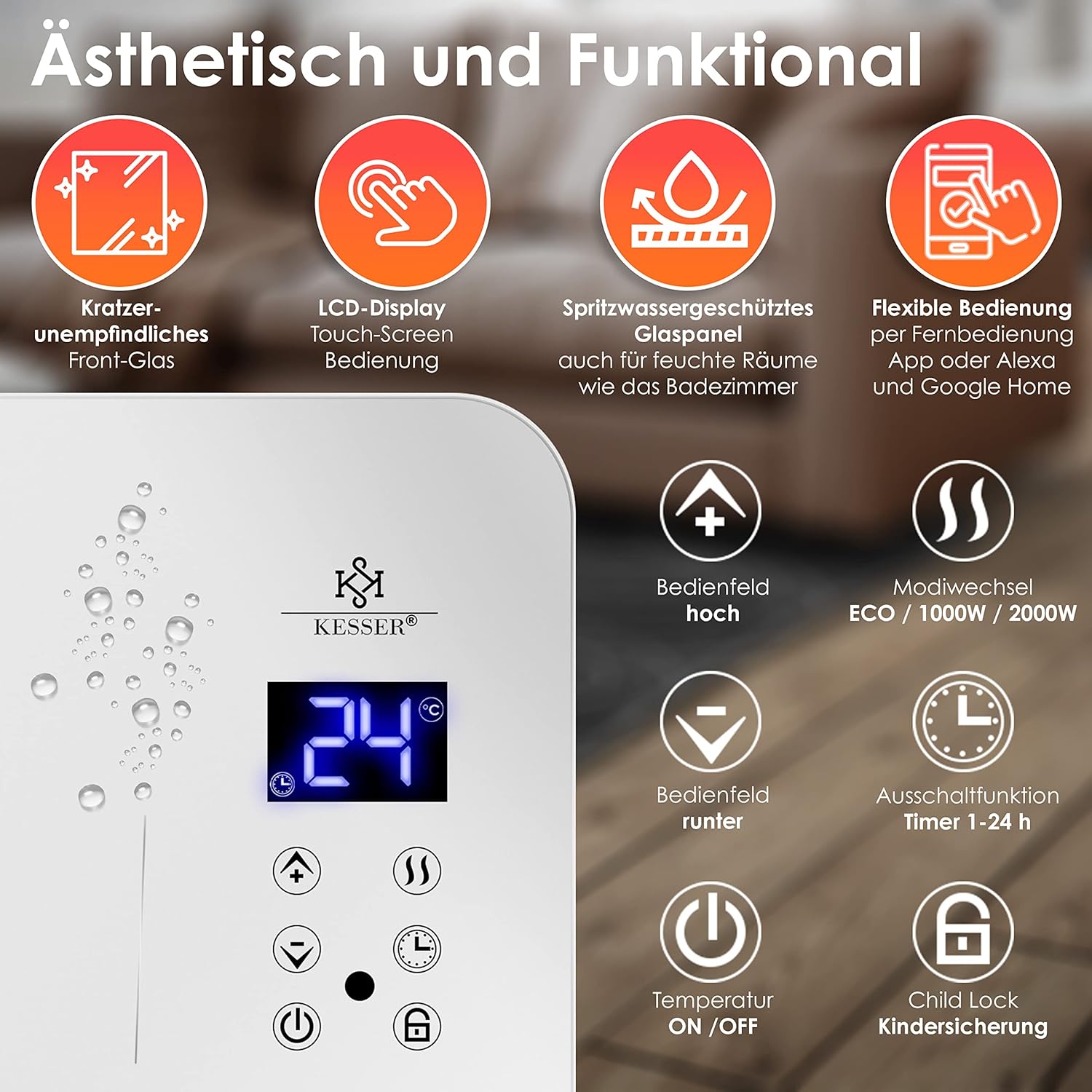 KESSER® Glasheizkörper Touchscreen, WLAN‑App, Fernbedienung & Timer