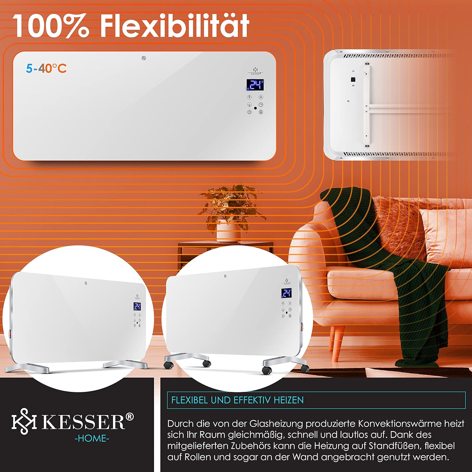 KESSER® Glasheizkörper Touchscreen, WLAN‑App, Fernbedienung & Timer