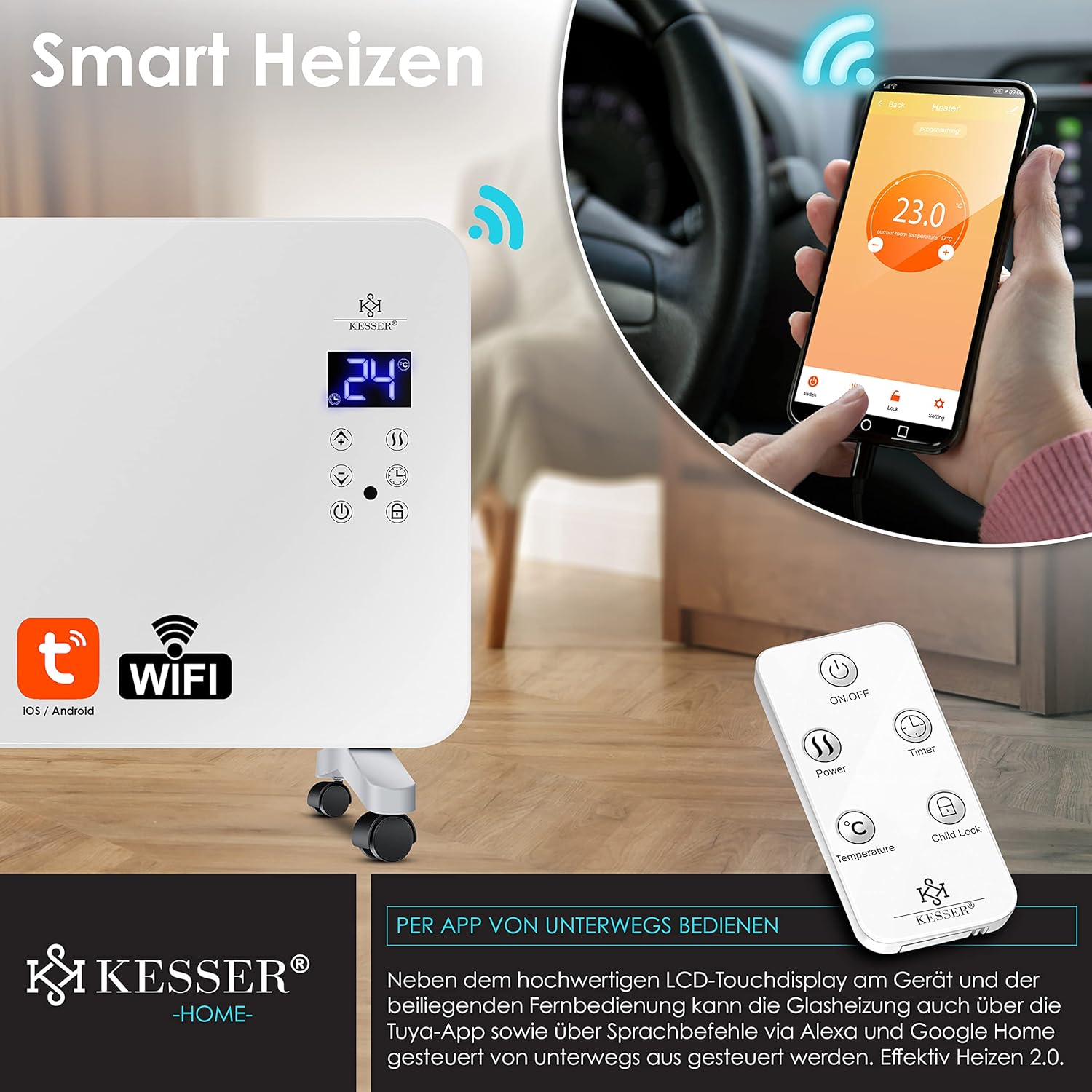 KESSER® Glasheizkörper Touchscreen, WLAN‑App, Fernbedienung & Timer