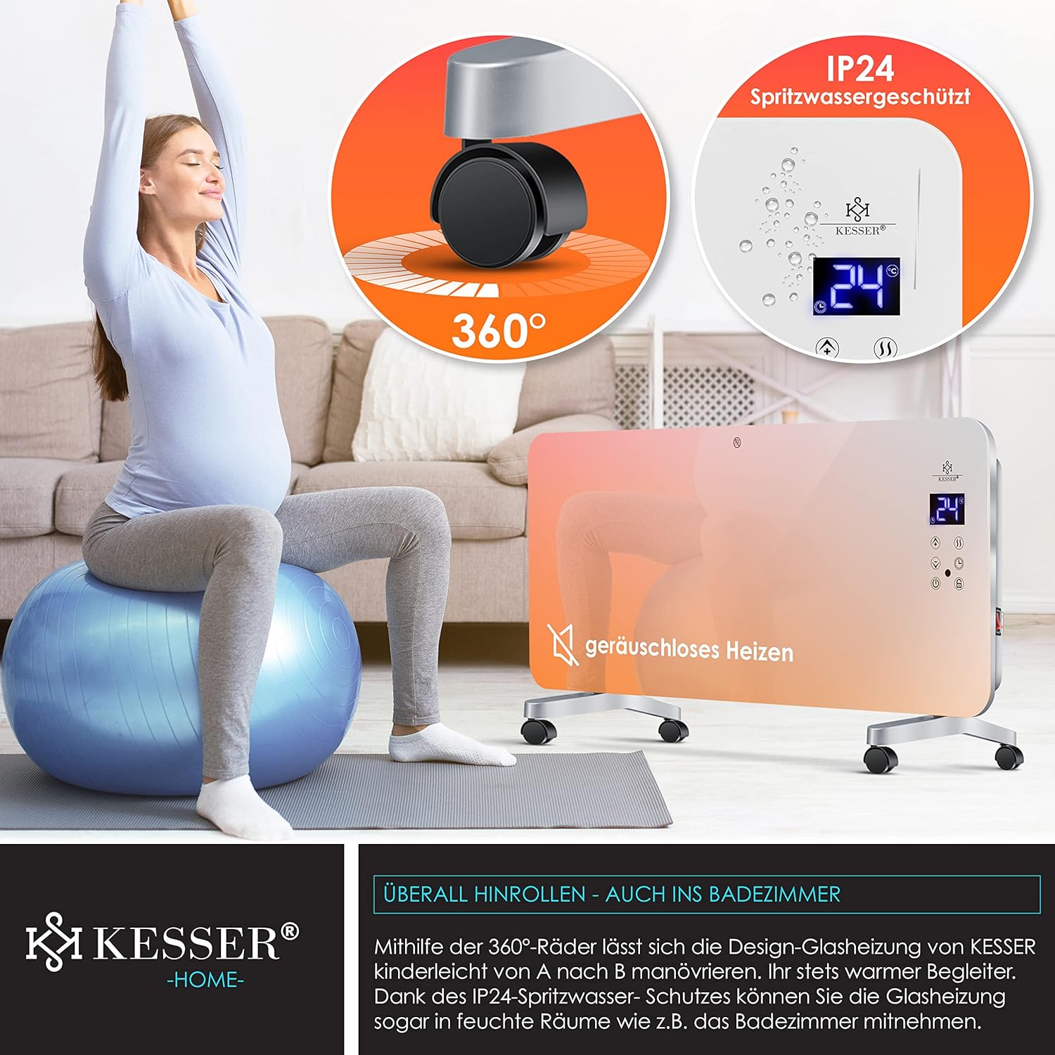 KESSER® Glasheizkörper Touchscreen, WLAN‑App, Fernbedienung & Timer