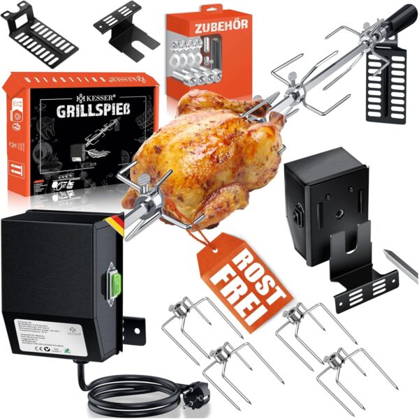 KESSER® Grillspieß-Set 107 cm, Edelstahl, 4 Klammern, Weber Spirit & Rotisserie 220 V