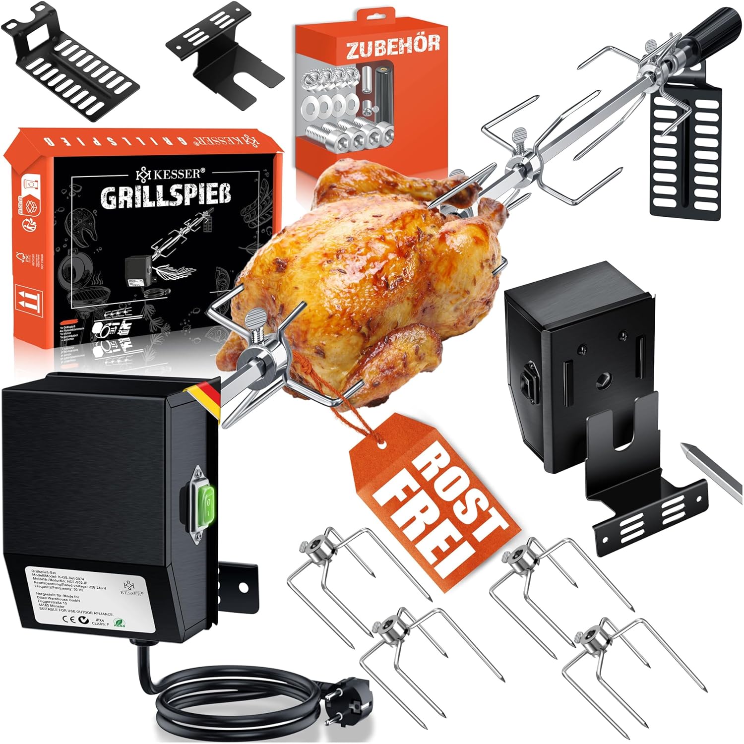KESSER® Grillspieß-Set 107 cm, Edelstahl, 4 Klammern, Weber Spirit & Rotisserie 220 V
