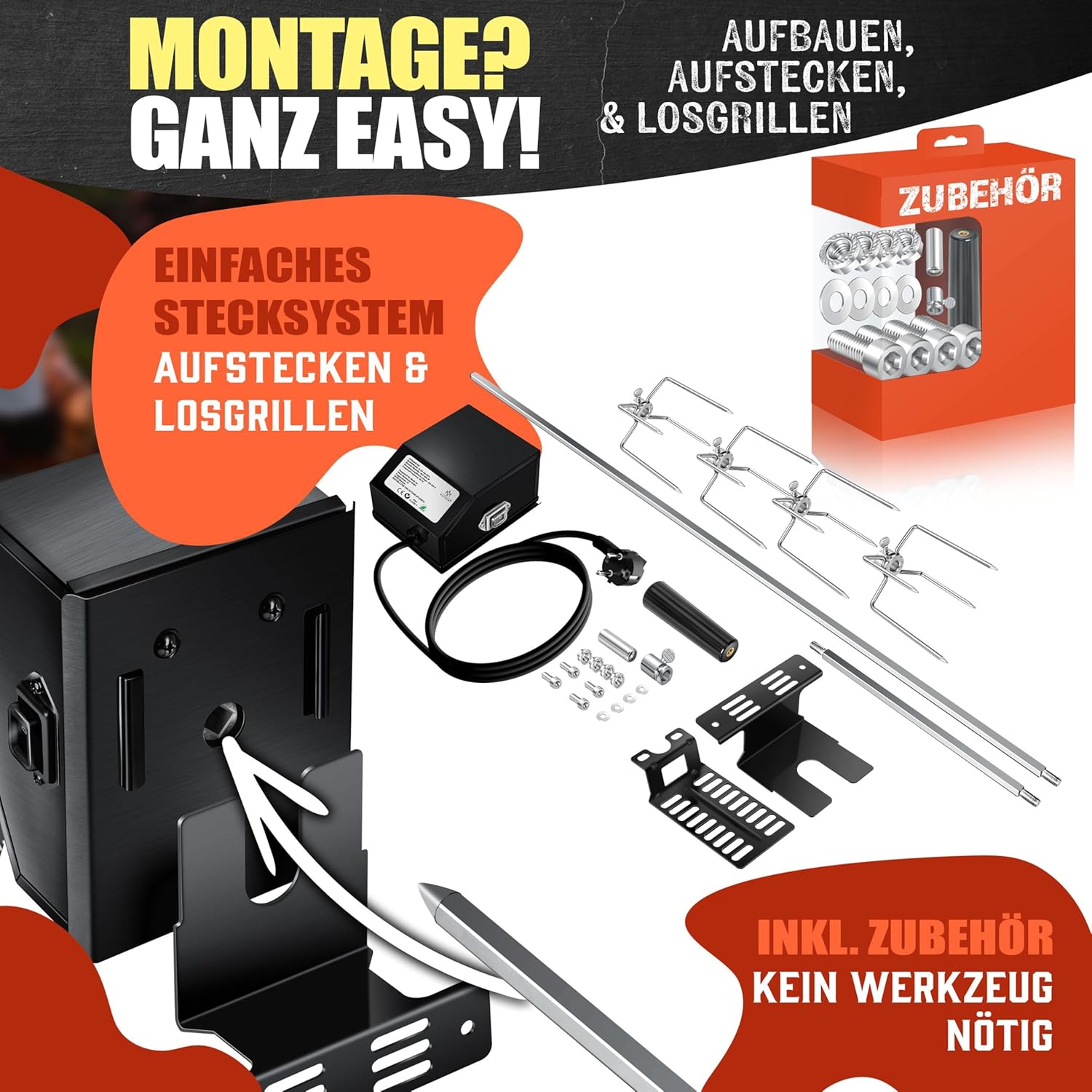 KESSER® Grillspieß-Set 107 cm, Edelstahl, 4 Klammern, Weber Spirit & Rotisserie 220 V