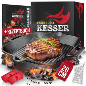 KESSER® Gusseisen Grillpfanne 26 cm Induction – vielseitig für Gas, Ofen & Holzkohle, Steakpan