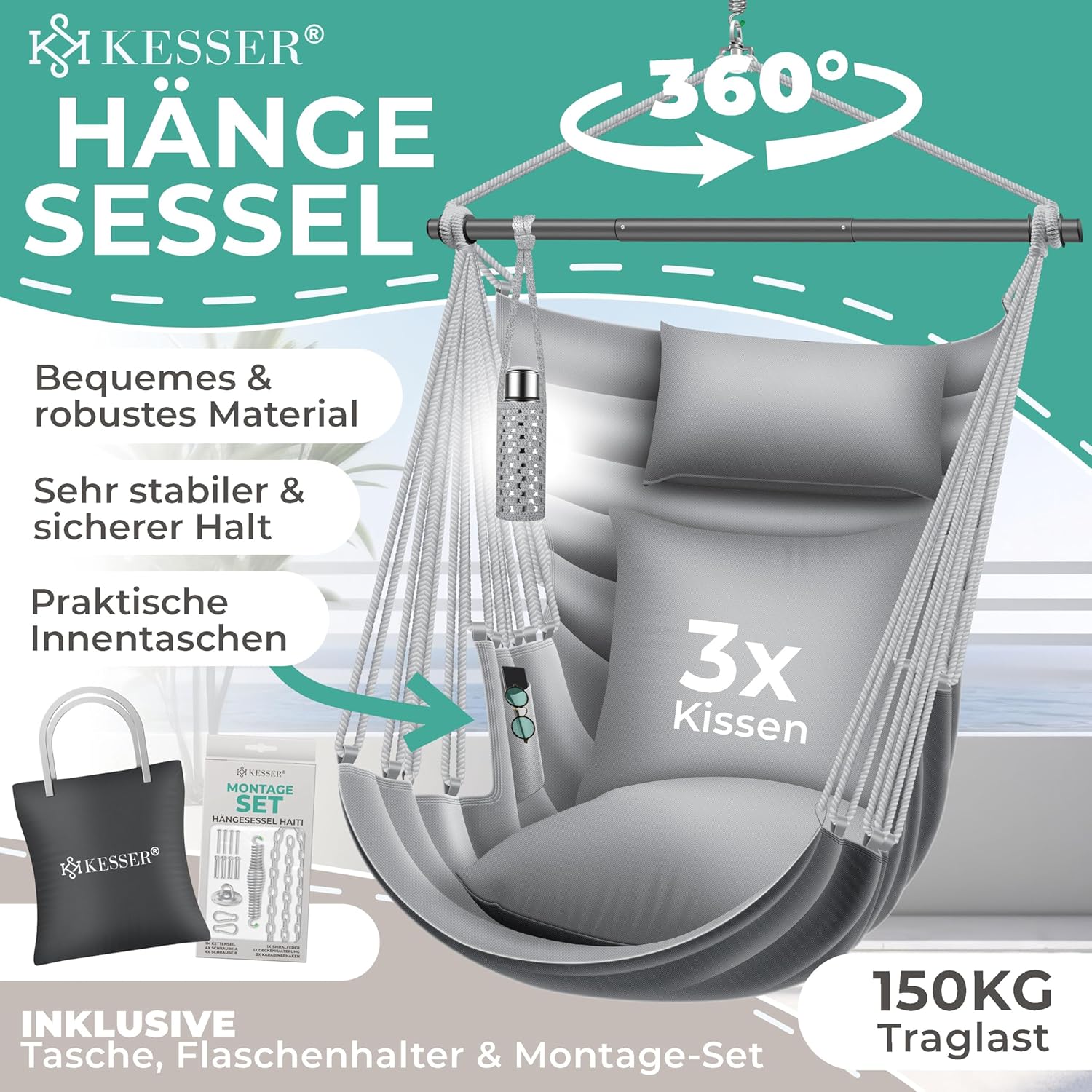KESSER® Haiti Hängesessel 150 kg, 360° Drehung, UV‑beständig & wasserdicht
