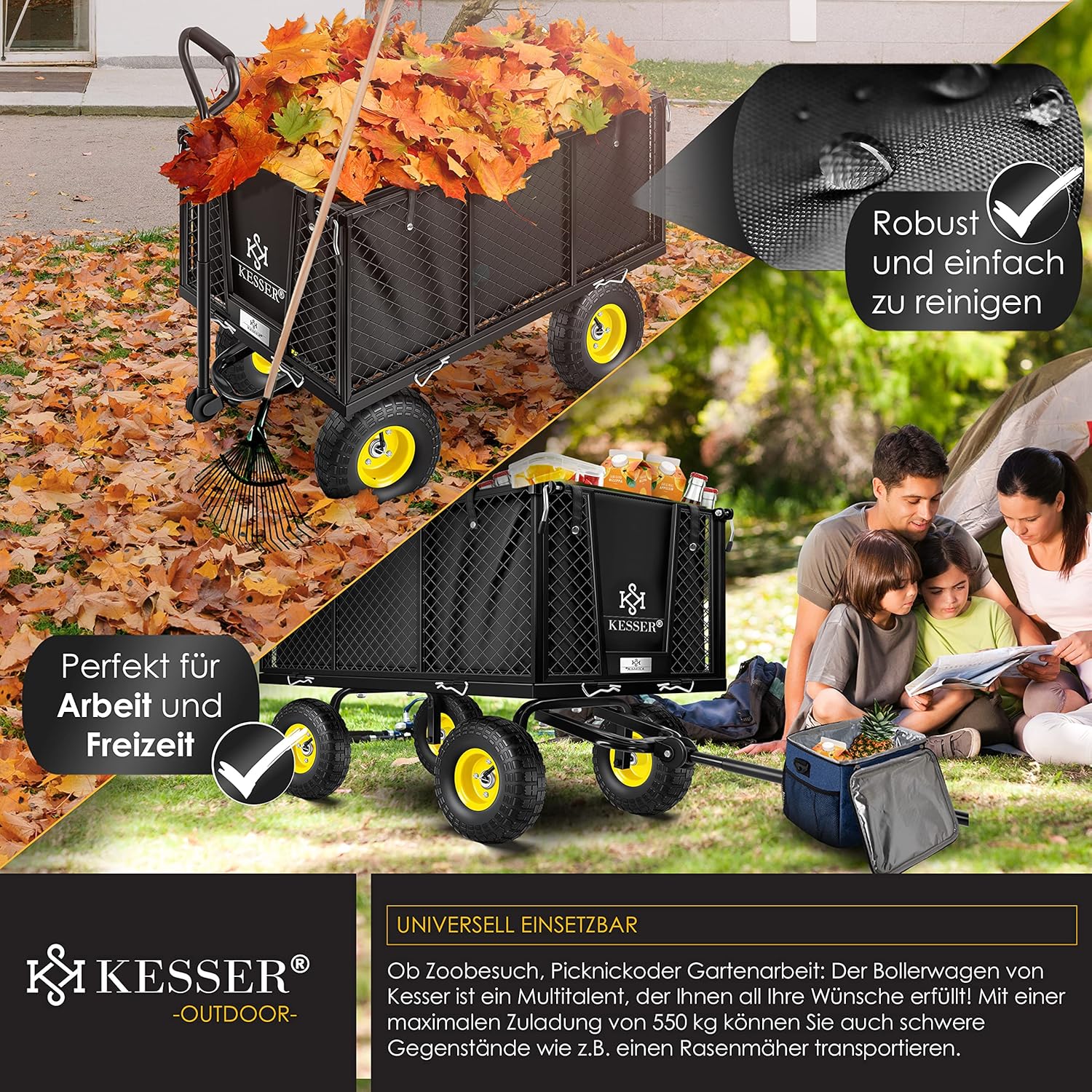 KESSER Handcart 550 kg Tragkraft, abnehmbare Plane, vielseitiger Gartentrolley