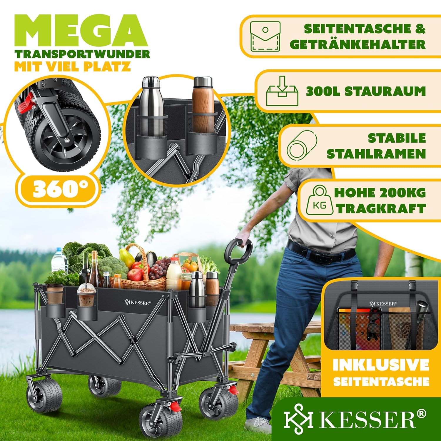 KESSER Handcart GTR9000 – 200 kg, 300 L, faltbar, 360°‑Räder, wetterfest