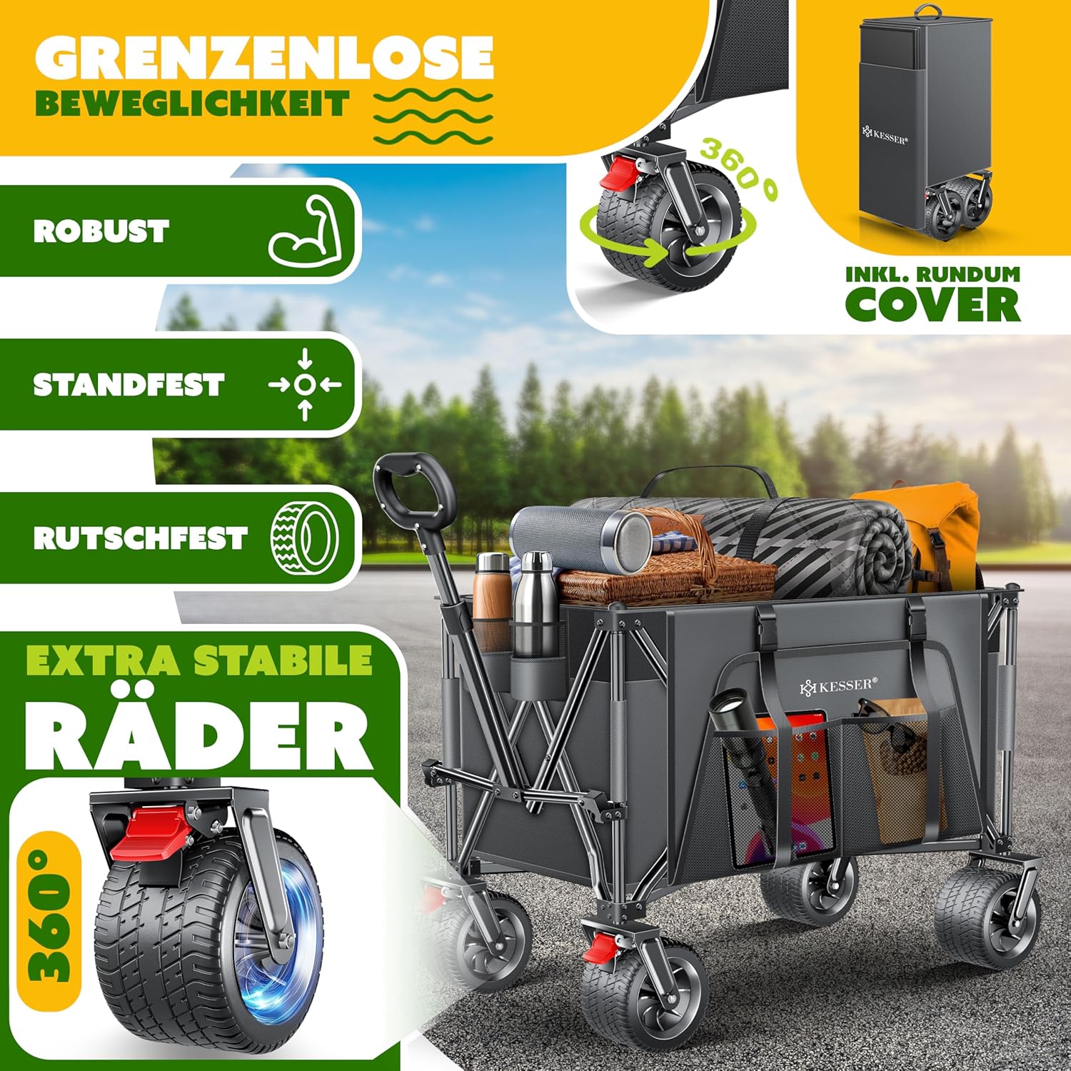 KESSER Handcart GTR9000 – 200 kg, 300 L, faltbar, 360°‑Räder, wetterfest