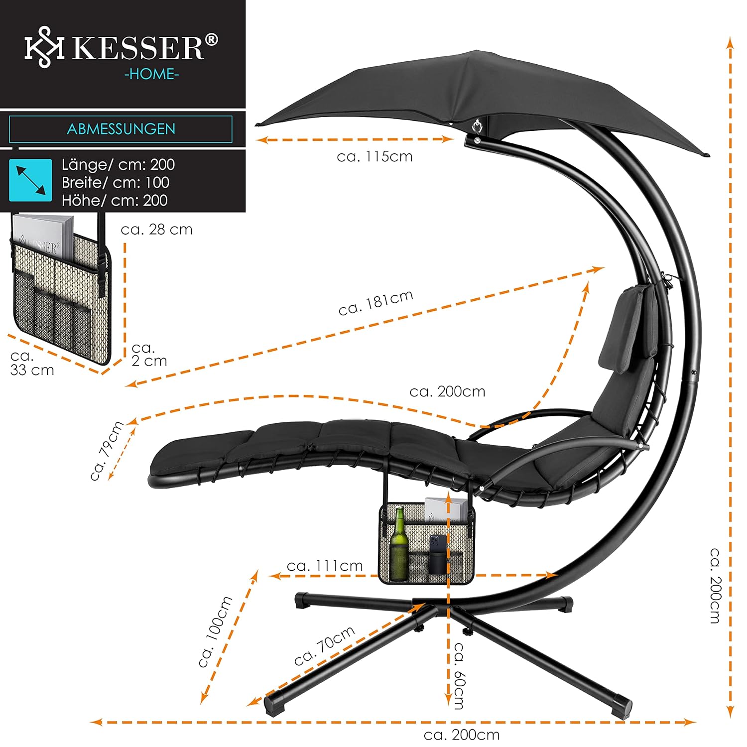 Kesser® Hängelounger mit Sonnenschirm, Nackenkissen – 200x194 cm, Charcoal