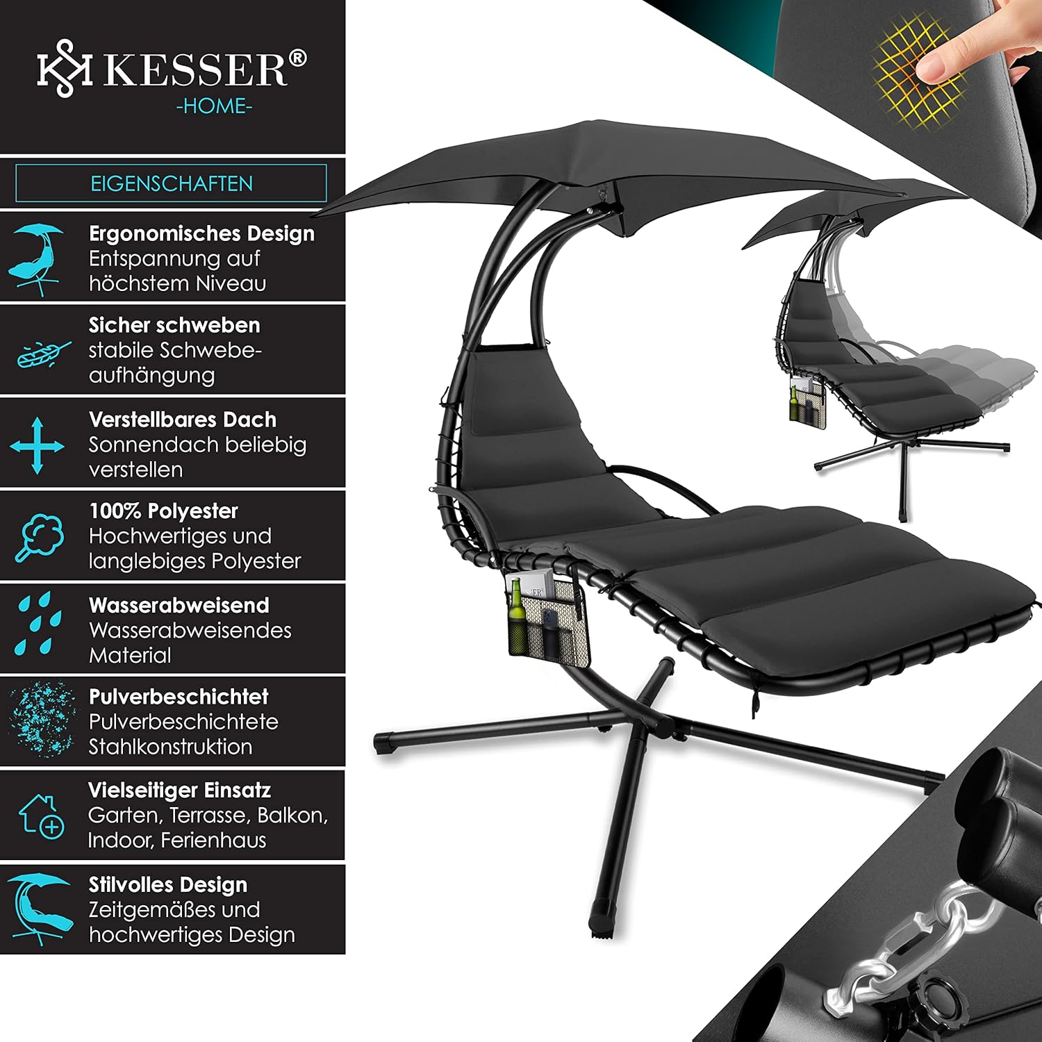 Kesser® Hängelounger mit Sonnenschirm, Nackenkissen – 200x194 cm, Charcoal
