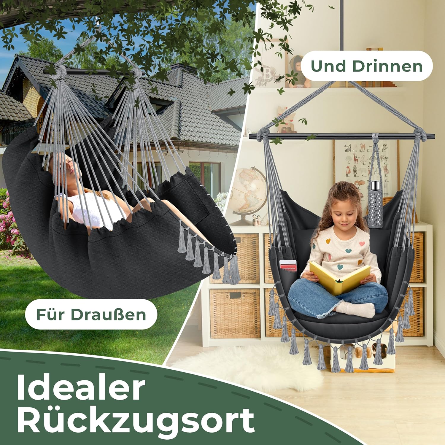 Kesser® Hängesessel Safari XXL 2 Polster Getränkehalter & Buchfach bis 150 kg