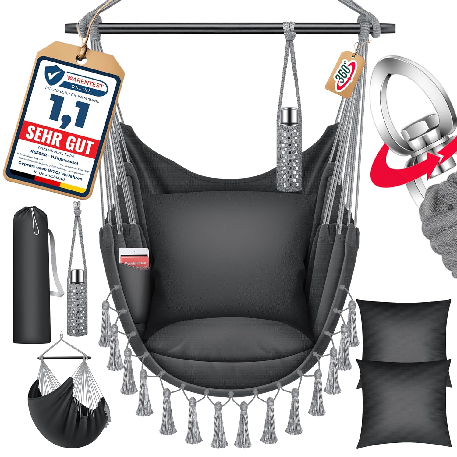 Kesser® Hängesessel Safari XXL 2 Polster Getränkehalter & Buchfach bis 150 kg