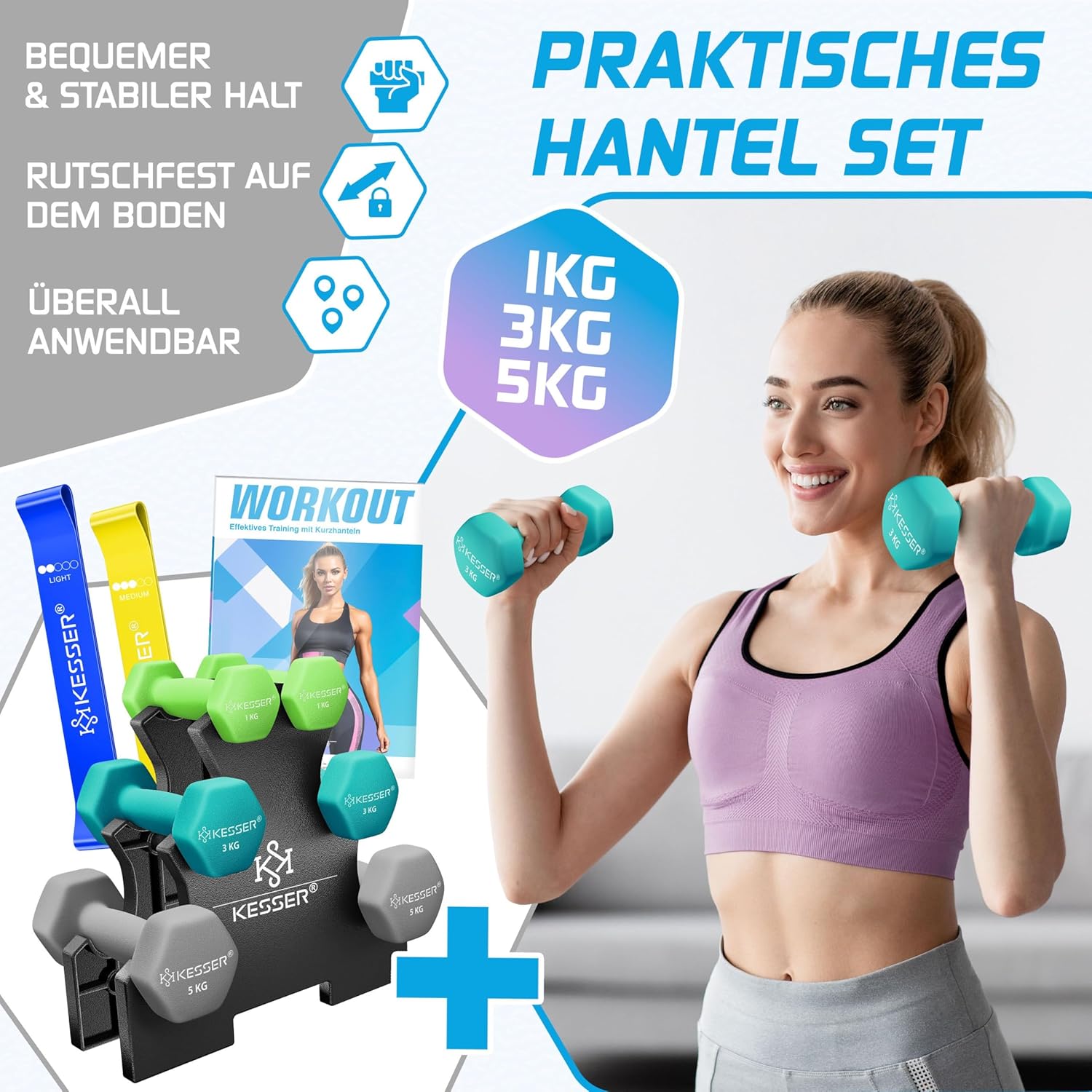 KESSER® Hantelsatz 3 Paare 1–5 kg / 12 kg / 18 kg – Ständer, rutschfester Neoprene