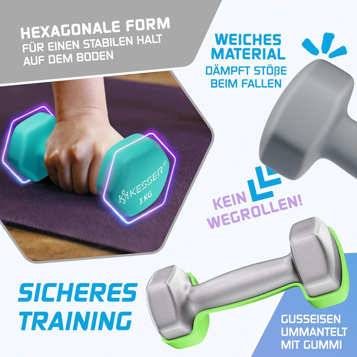 KESSER® Hantelsatz 3 Paare 1–5 kg / 12 kg / 18 kg – Ständer, rutschfester Neoprene