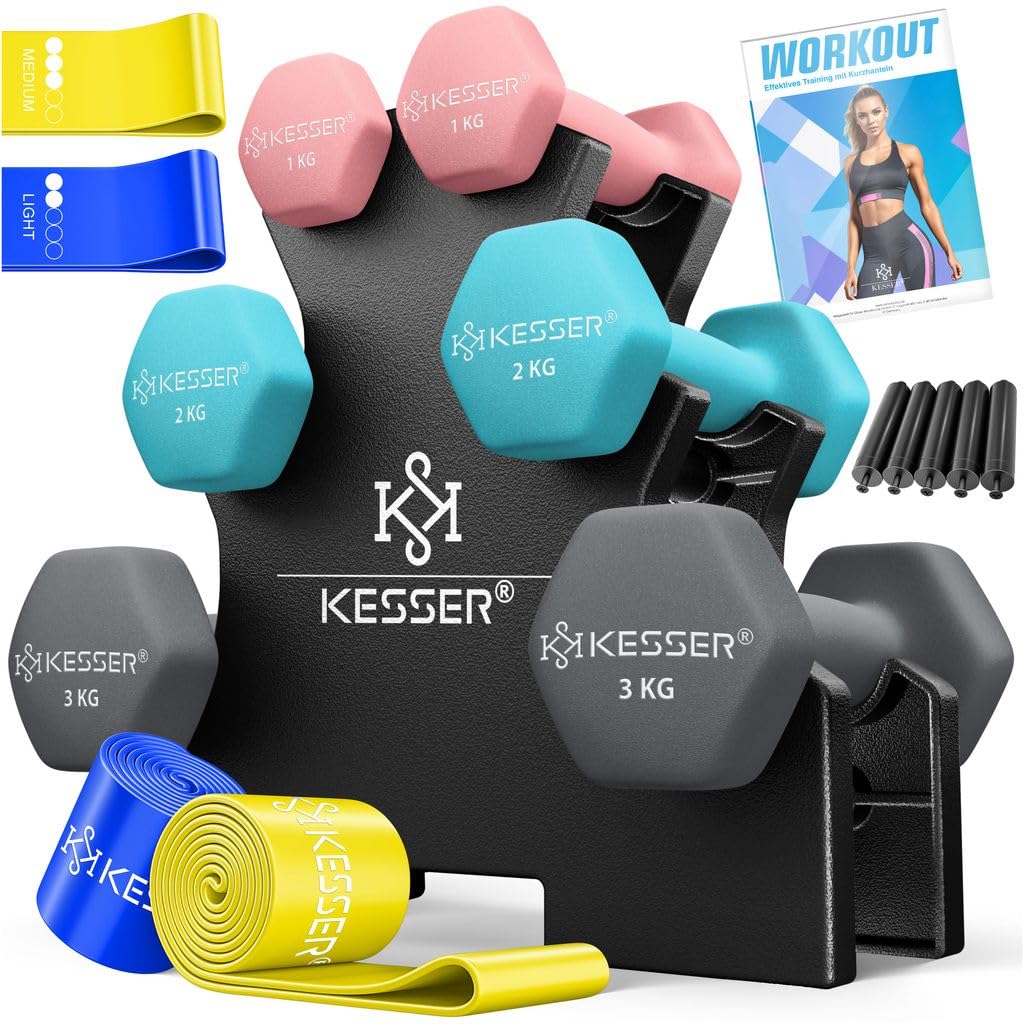 KESSER® Hantelsatz 3 Paare 1–5 kg / 12 kg / 18 kg – Ständer, rutschfester Neoprene