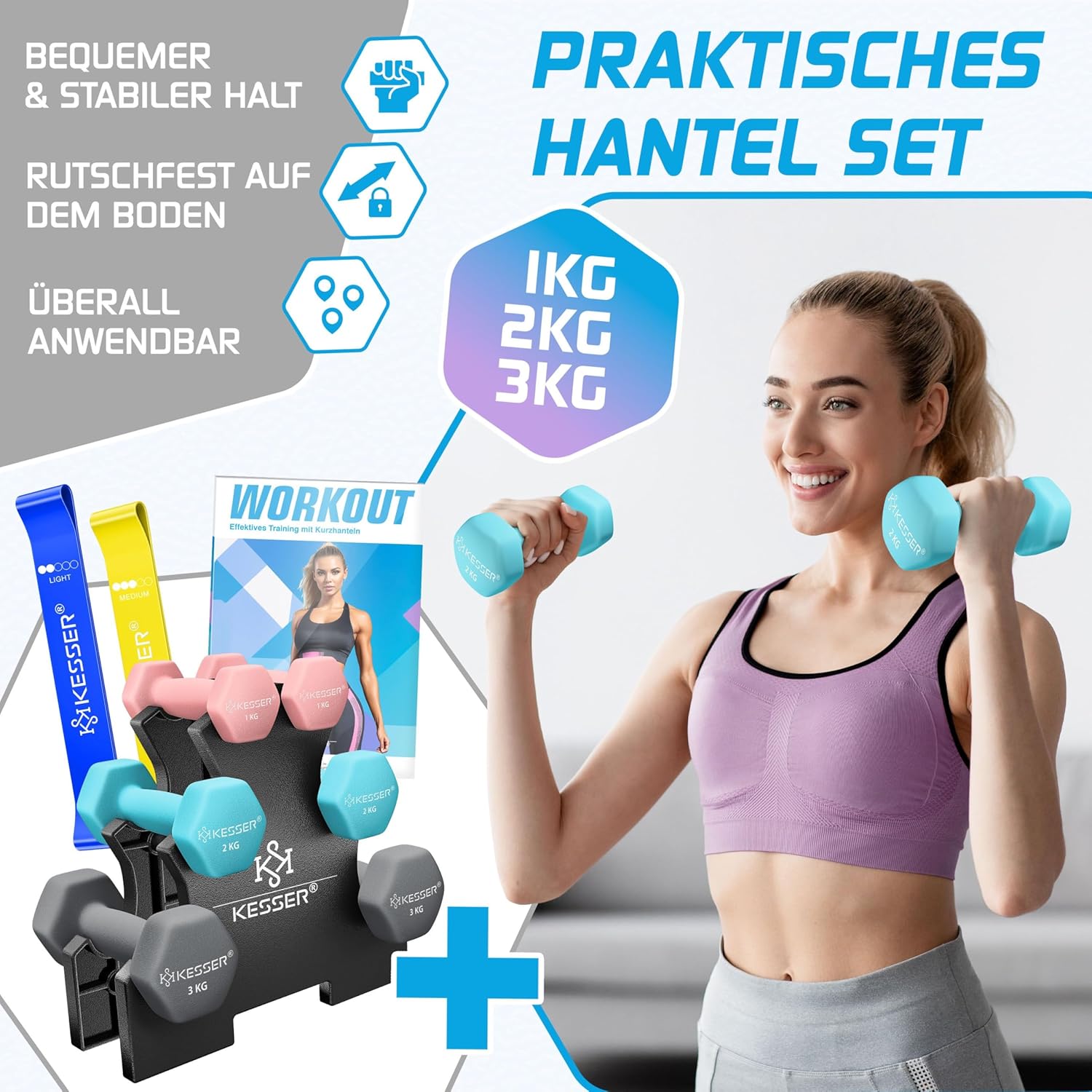 KESSER® Hantelsatz 3 Paare 1–5 kg / 12 kg / 18 kg – Ständer, rutschfester Neoprene