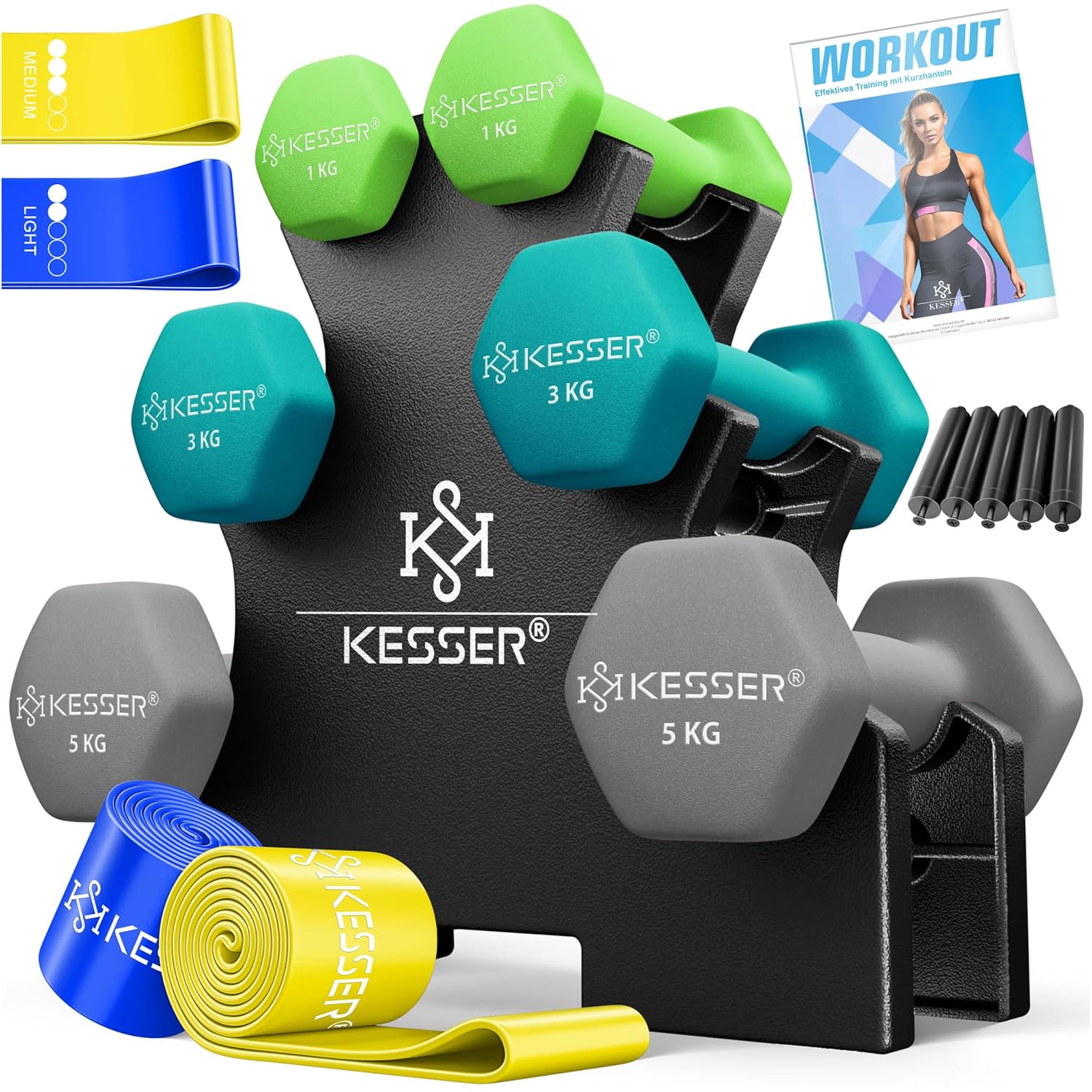 KESSER® Hantelsatz 3 Paare 1–5 kg / 12 kg / 18 kg – Ständer, rutschfester Neoprene