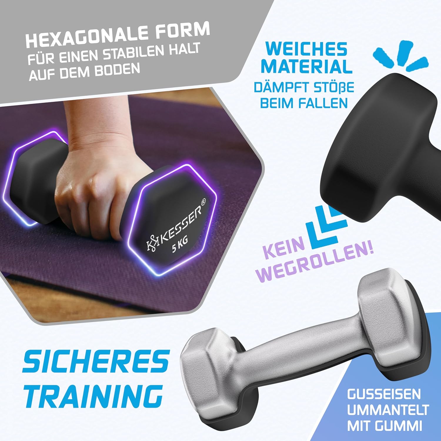 KESSER Hantelset 2kg‑5kg, gefärbt, Neopren, Hexagon, Heimtraining