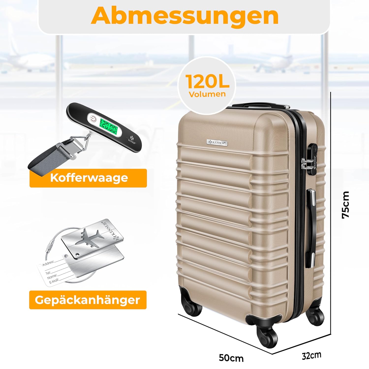 KESSER Hard-Shell Reisekoffer 4 Räder, Gewichtsmesser, Schloss, ABS, Schiehbalken