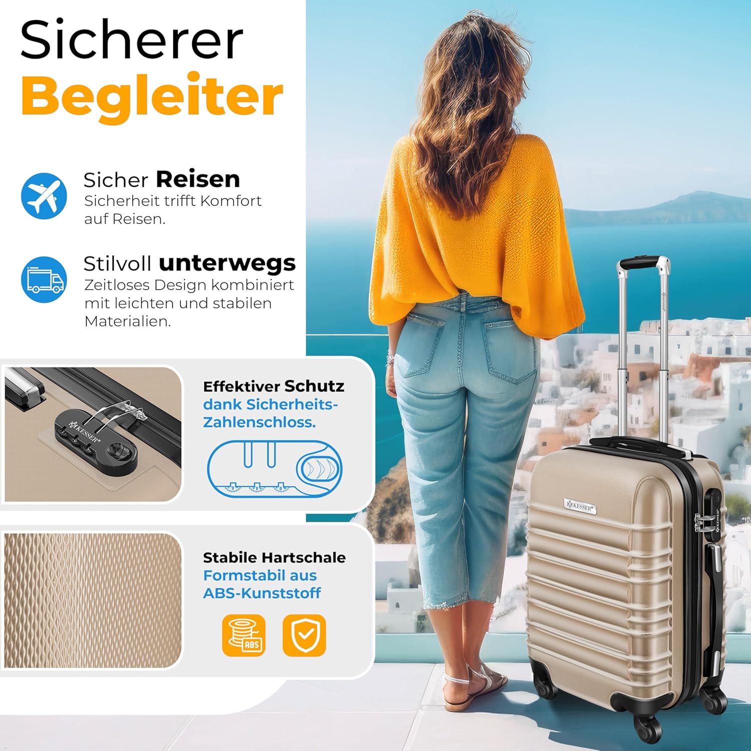 KESSER Hard-Shell Reisekoffer 4 Räder, Gewichtsmesser, Schloss, ABS, Schiehbalken