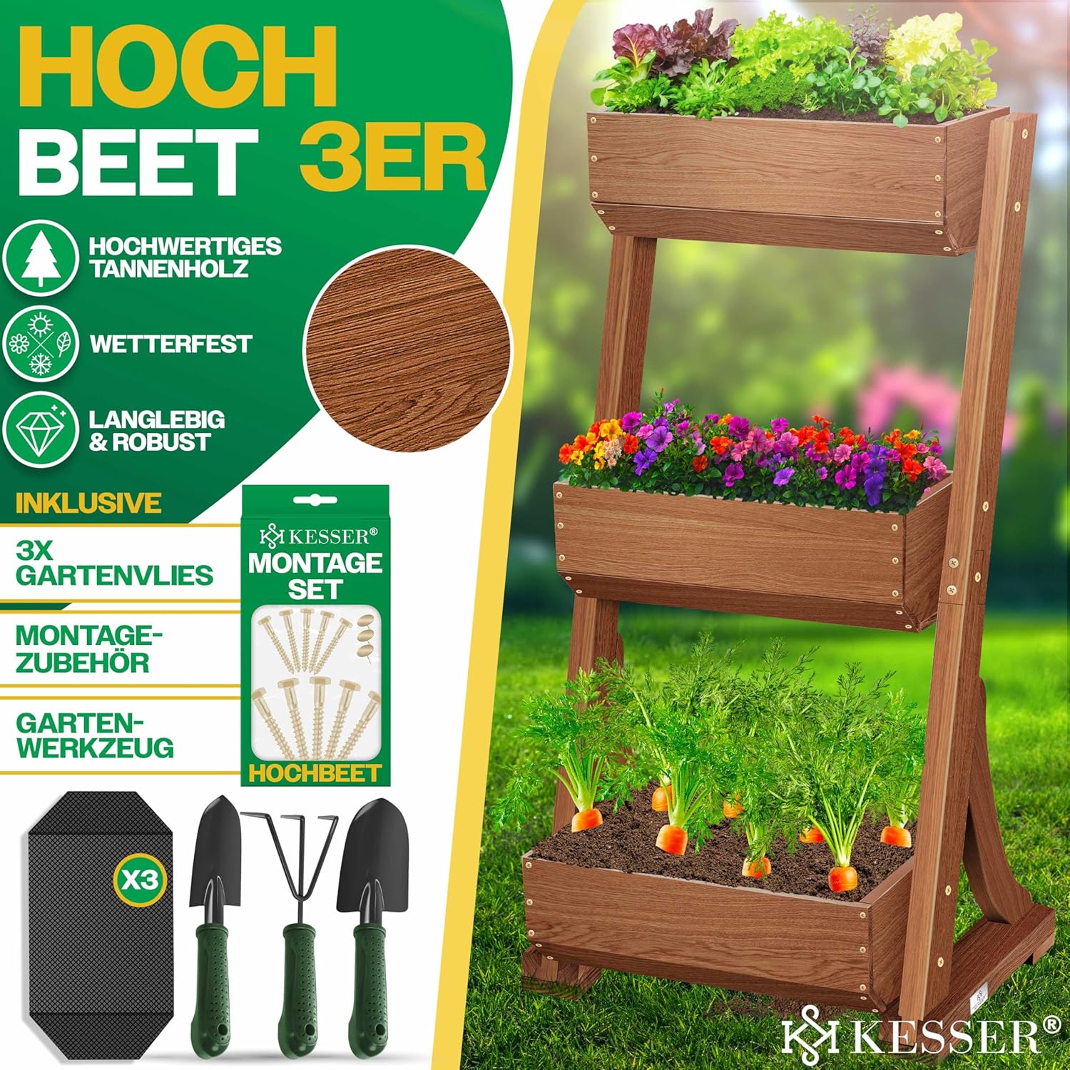 Kesser® Hochbeet mit Ebenen – Premium, vielseitig für Blumen, Gemüse & Kräuter – Gartenfleece