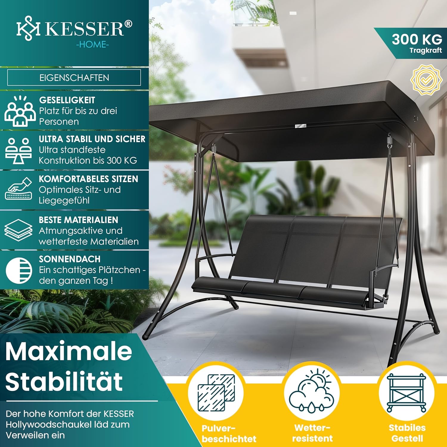 KESSER® Hollywood Swing Sonnendeck 3‑Sitzer 300 kg, rutschfeste Füße, wasserabweisend