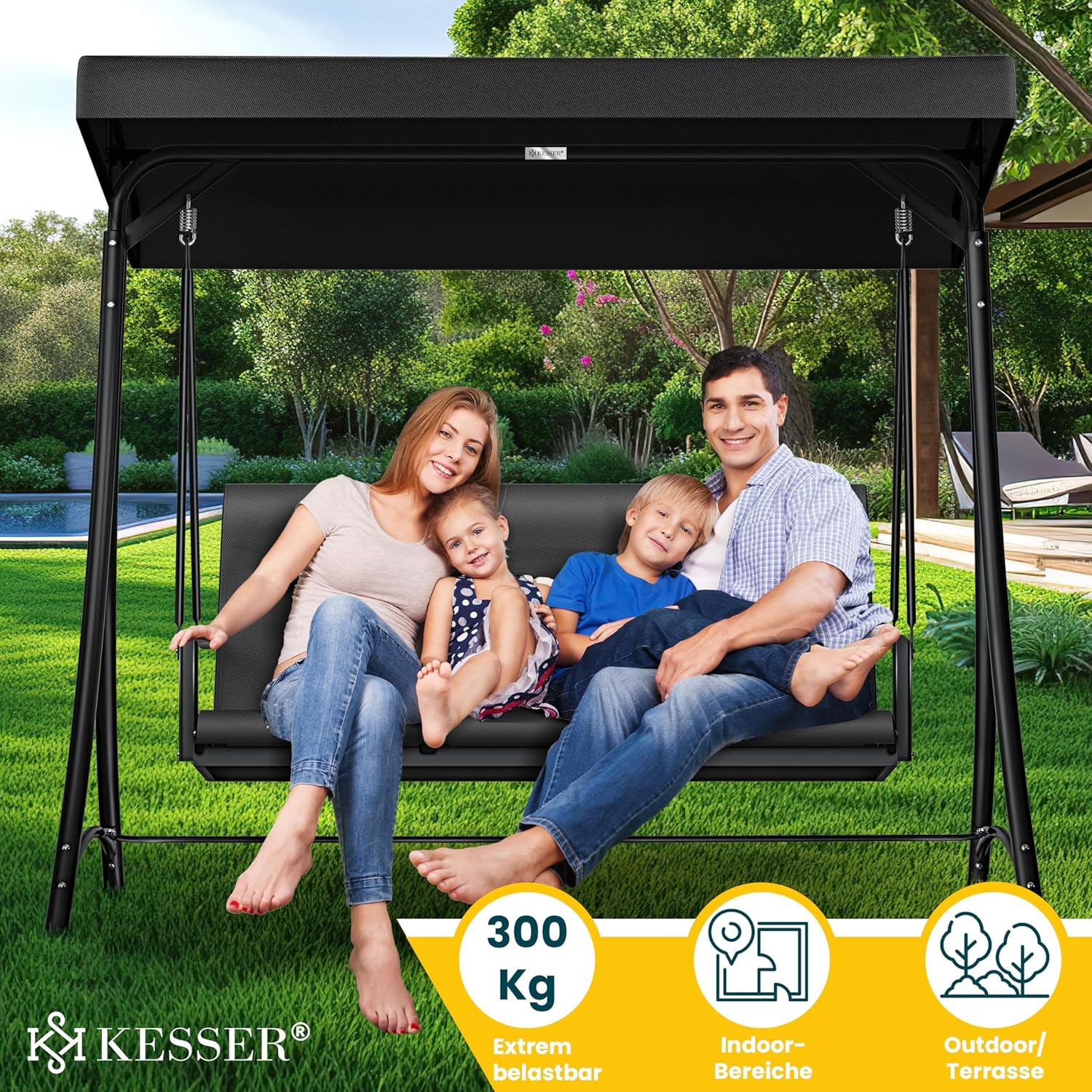 KESSER® Hollywood Swing Sonnendeck 3‑Sitzer 300 kg, rutschfeste Füße, wasserabweisend