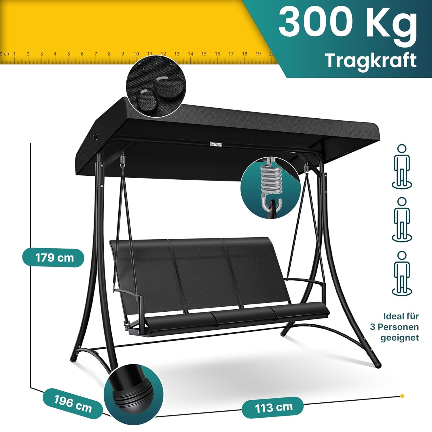 KESSER® Hollywood Swing Sonnendeck 3‑Sitzer 300 kg, rutschfeste Füße, wasserabweisend