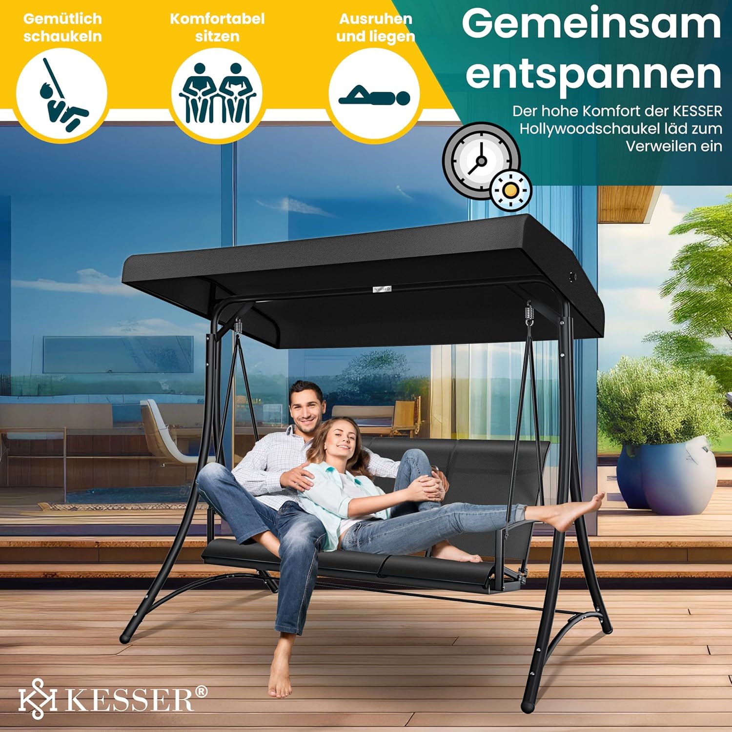 KESSER® Hollywood Swing Sonnendeck 3‑Sitzer 300 kg, rutschfeste Füße, wasserabweisend