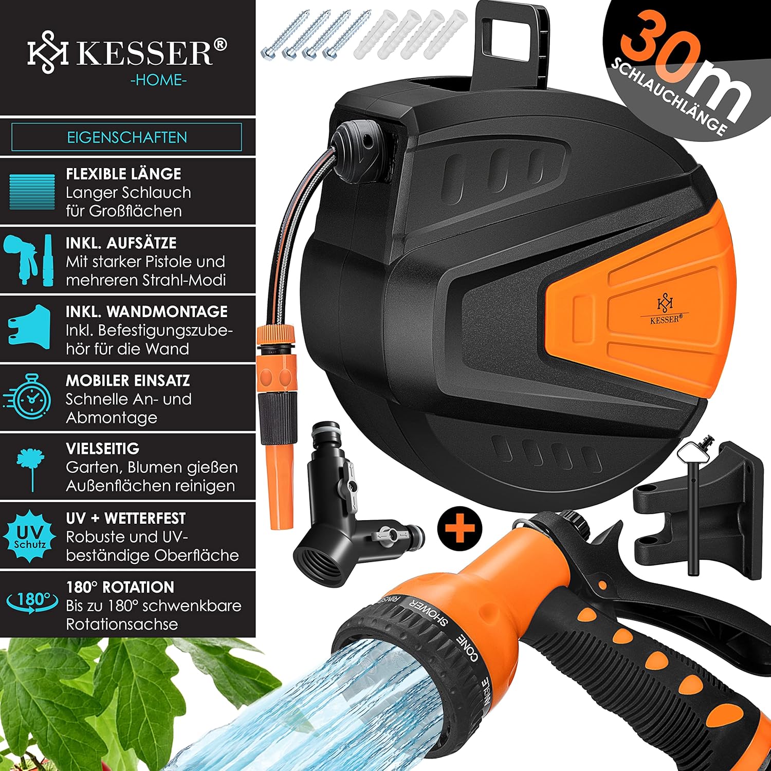 Kesser® Hosewender 30m+2m 180° Drehwindstopper Wandhalterung Garten