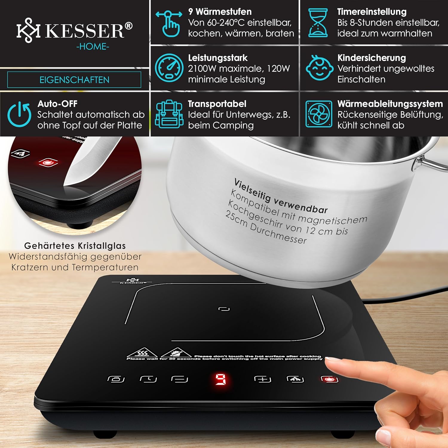 KESSER Induktionsplatte 2100 W, 28 cm, portabel, Touch‑Steuerung, Booster
